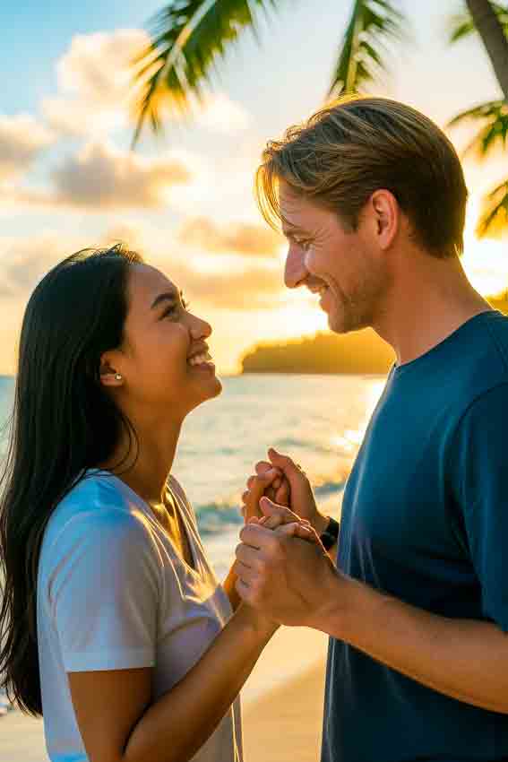 A happy intercultural couple, a Western man and a Filipina woman, walking on a beautiful Philippine beach.
