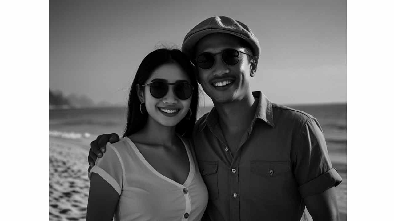 A happy, mature Western man and his smiling Asian wife enjoying a walk on the beach.