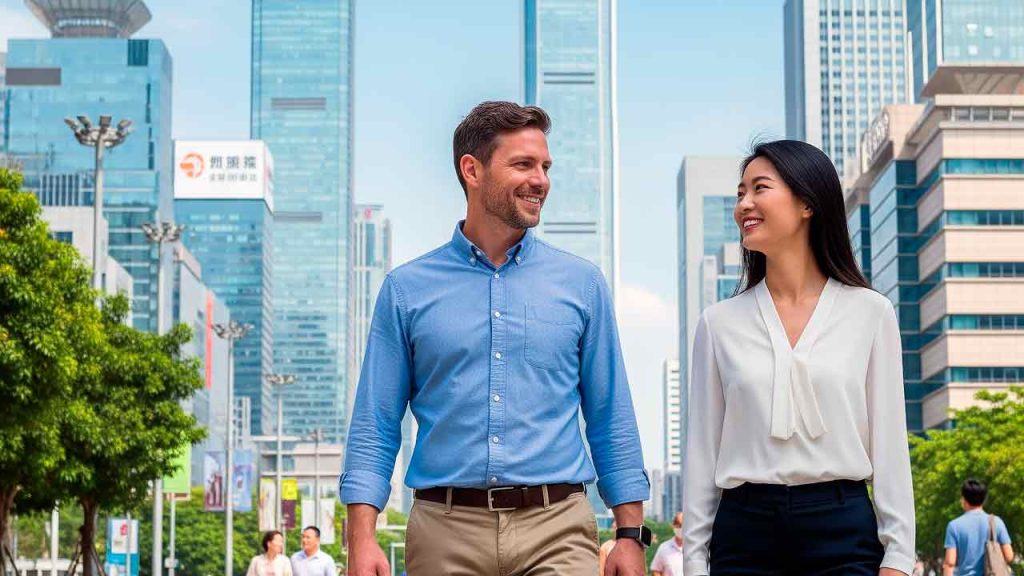 A smiling Western man and a Chinese woman walking together in a modern city, with the Shenzhen skyline in the background during an Asian singles tour.