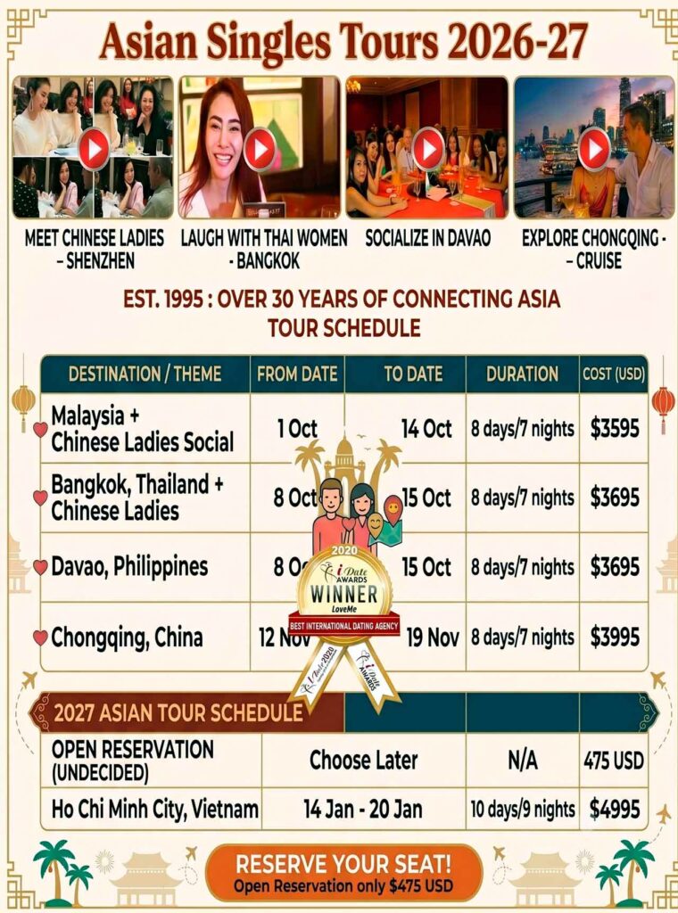 View upcoming singles tours to Asia. Best tours for American men seeking an Assian wife.